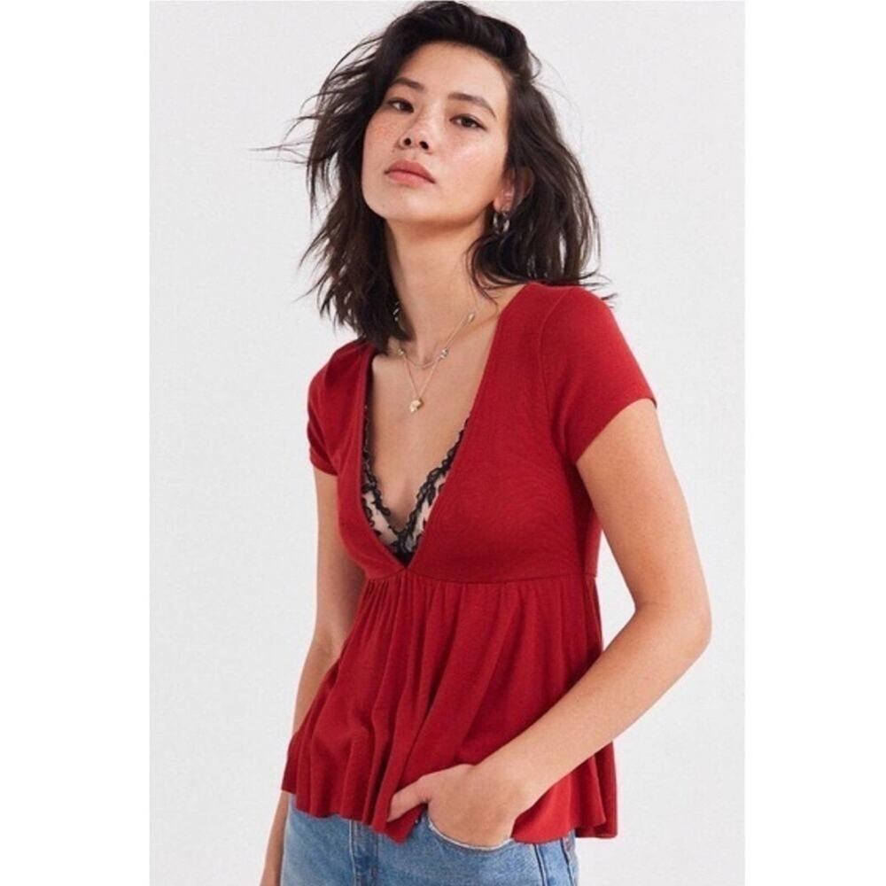 UO Clementine Ribbed Deep V Babydoll Top